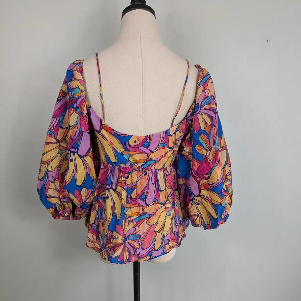 Farm Rio Top S Multicolor Floral Long Sleeve Puff Blouse Tropical Anthropologie